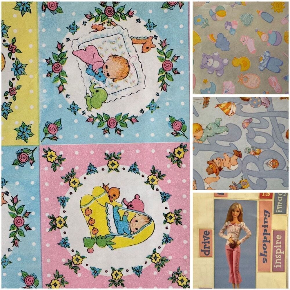 Vintage gift wrap wrapping paper baby shower Oh Boy kids in park Barbie stickers